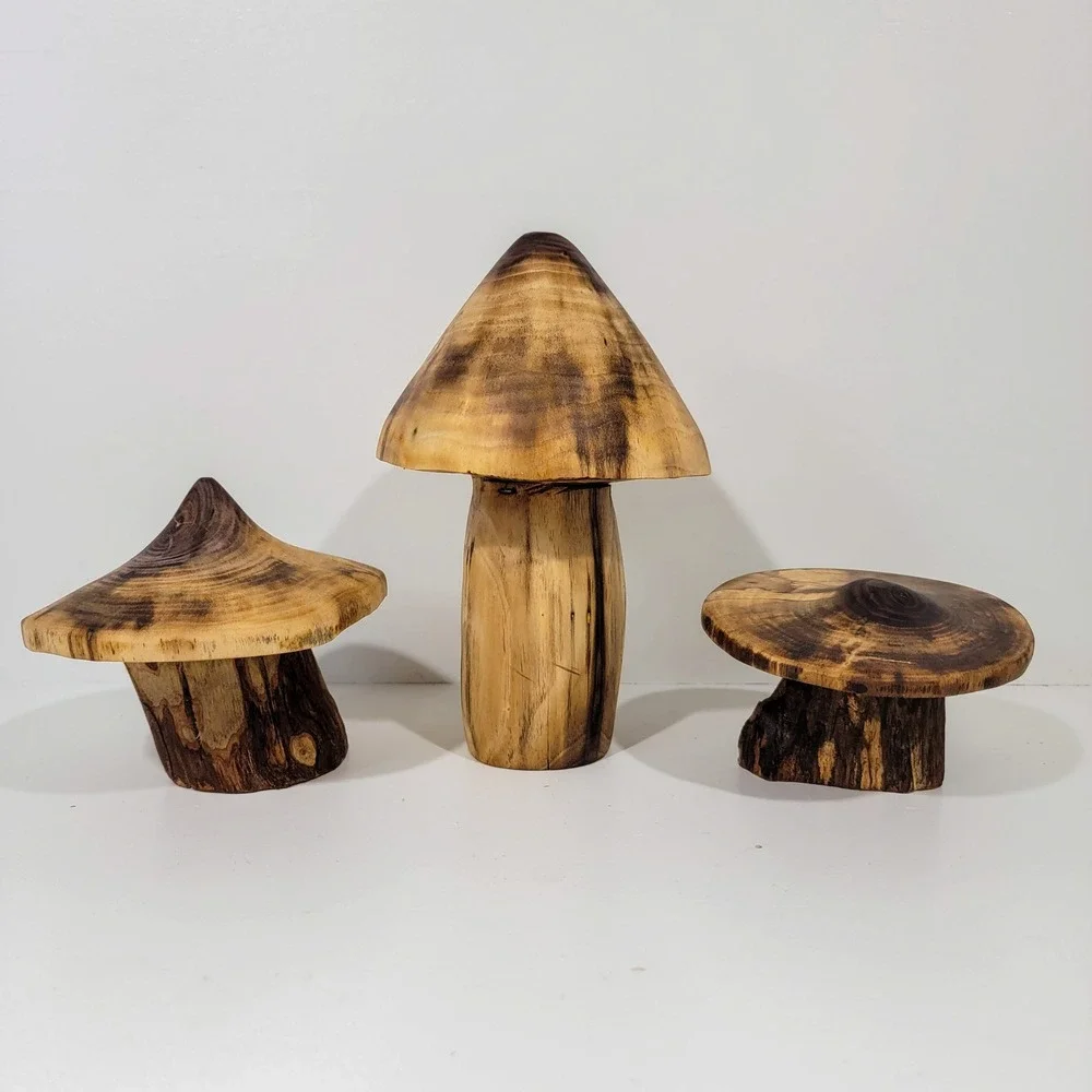 Handmade Natural Wood Mushroom Figurines Set of 3 Rustic Woodland Decor Art